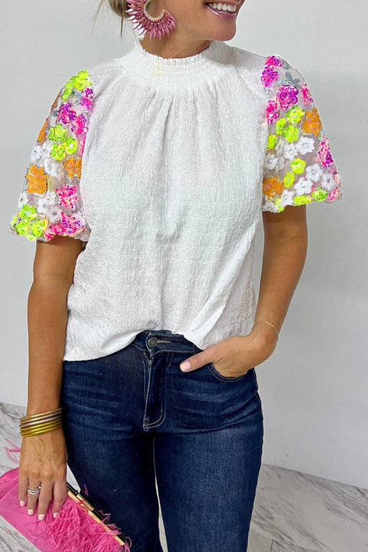 White Smocked Collar Sequin Flower Puff Sleeve Textured Top - WHITE / S / 100% POLYESTER - Tops/Tops & Tees