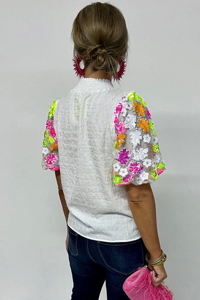 White Smocked Collar Sequin Flower Puff Sleeve Textured Top - Tops/Tops & Tees
