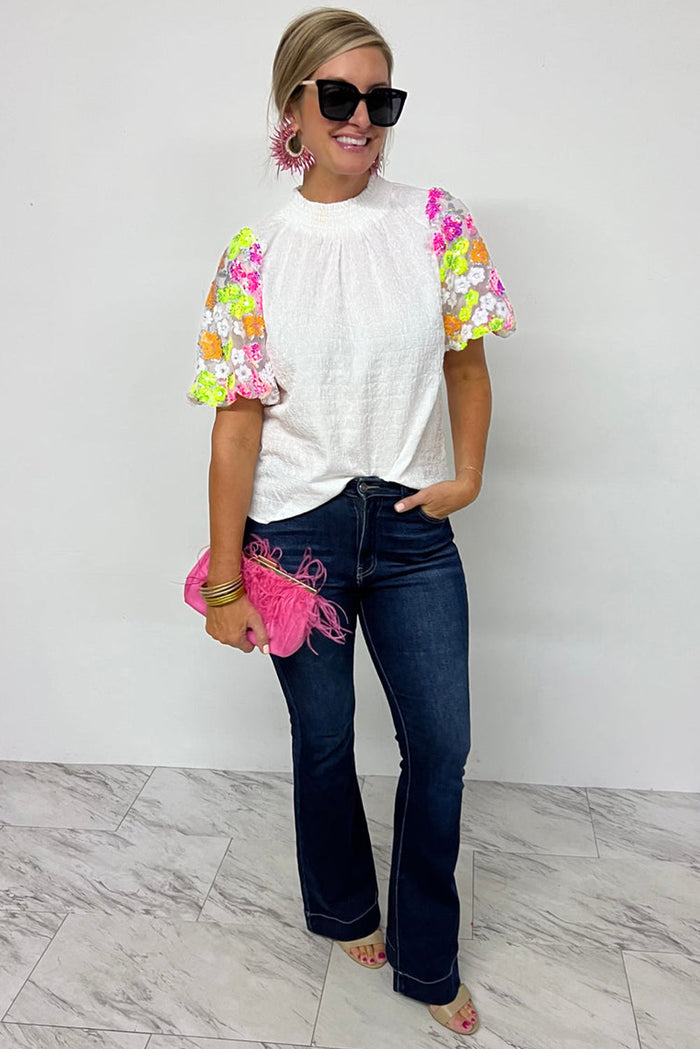 White Smocked Collar Sequin Flower Puff Sleeve Textured Top - Tops/Tops & Tees