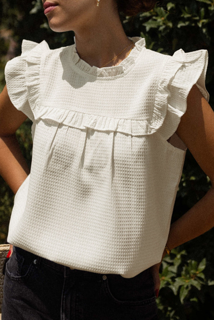 White Solid Colour Ruffle Trim Waffle Knit Blouse - S / 95% Polyester + 5% Elastane - Tops/Blouses & Shirts