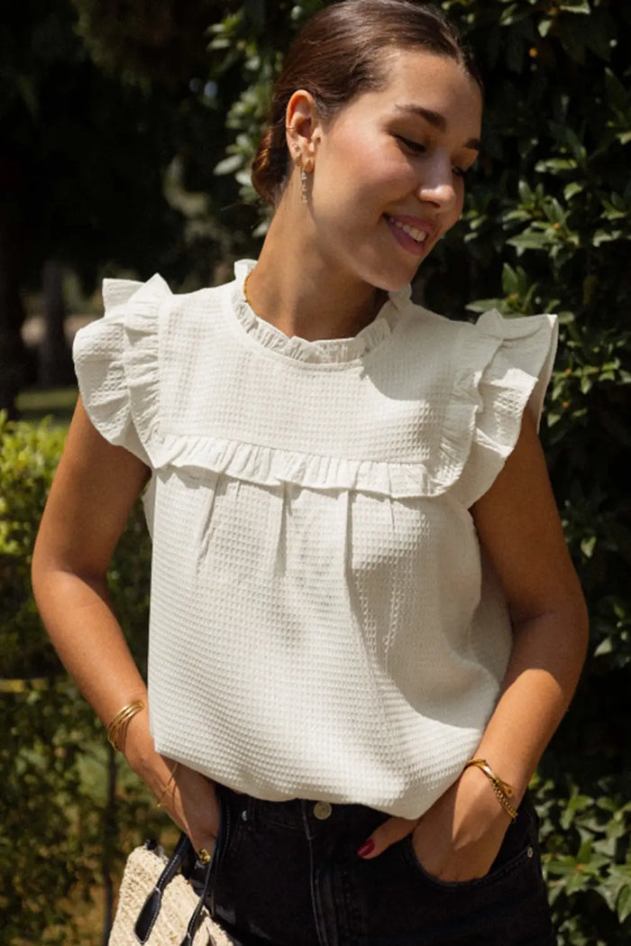 White Solid Colour Ruffle Trim Waffle Knit Blouse - Tops/Blouses & Shirts