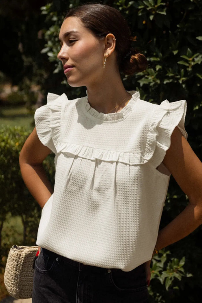 White Solid Colour Ruffle Trim Waffle Knit Blouse - Tops/Blouses & Shirts