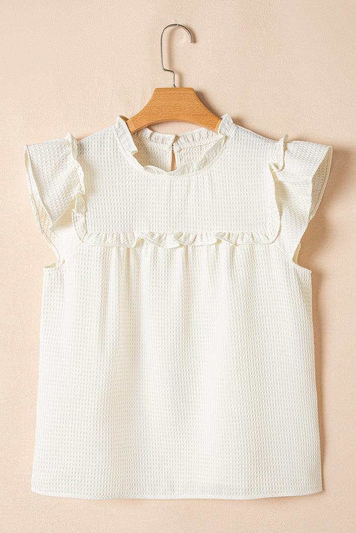 White Solid Colour Ruffle Trim Waffle Knit Blouse - Tops/Blouses & Shirts