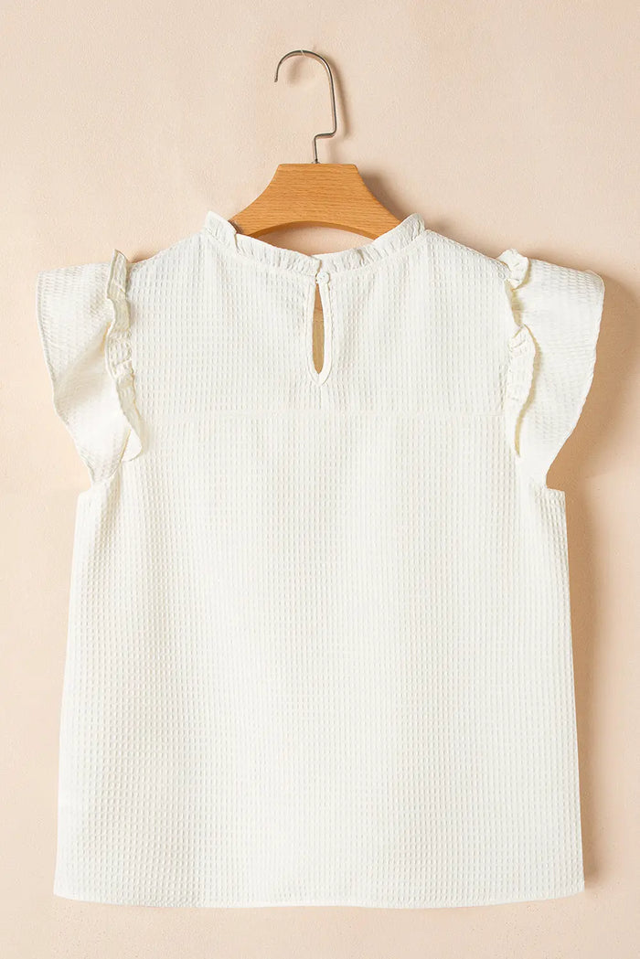 White Solid Colour Ruffle Trim Waffle Knit Blouse - Tops/Blouses & Shirts