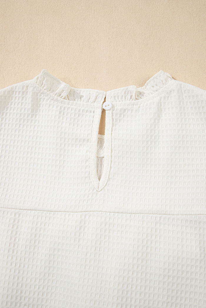 White Solid Colour Ruffle Trim Waffle Knit Blouse - Tops/Blouses & Shirts