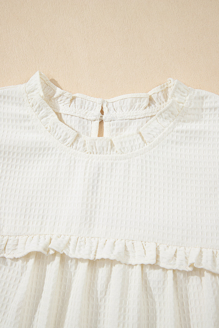 White Solid Colour Ruffle Trim Waffle Knit Blouse - Tops/Blouses & Shirts