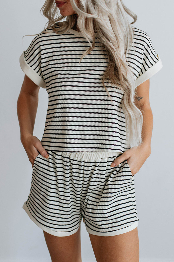 White Stripe Contrast Edge Tee and Shorts Co-ord Set - WHITE STRIPE / S / 50% COTTON + 47% POLYESTER + 3% ELASTANE