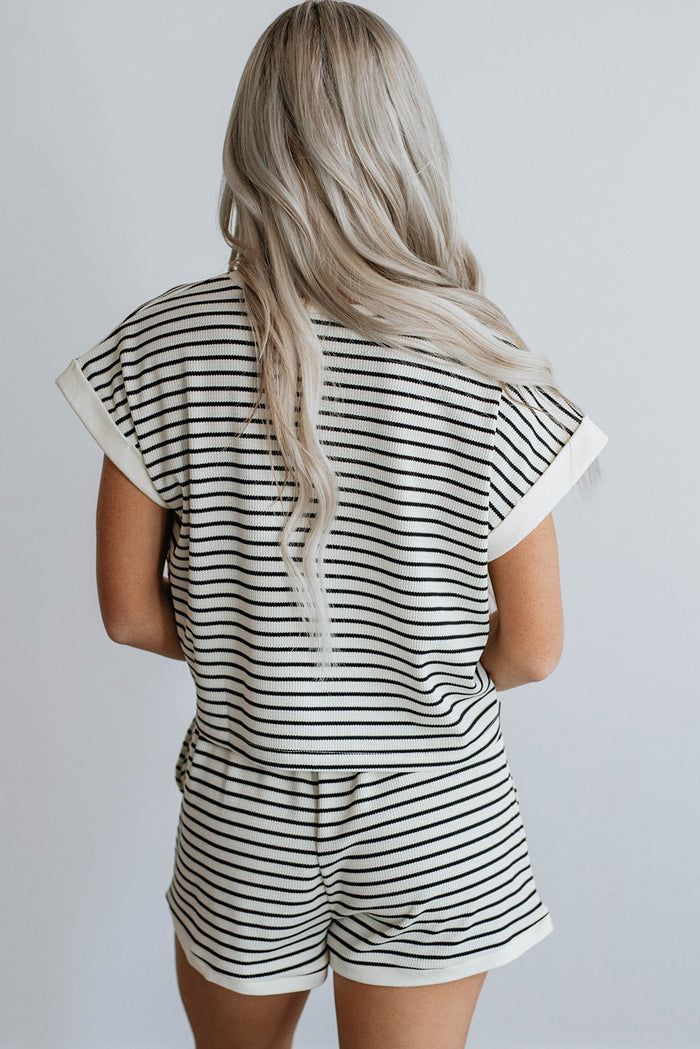 White Stripe Contrast Edge Tee and Shorts Co-ord Set - Two Piece Sets/Short Sets