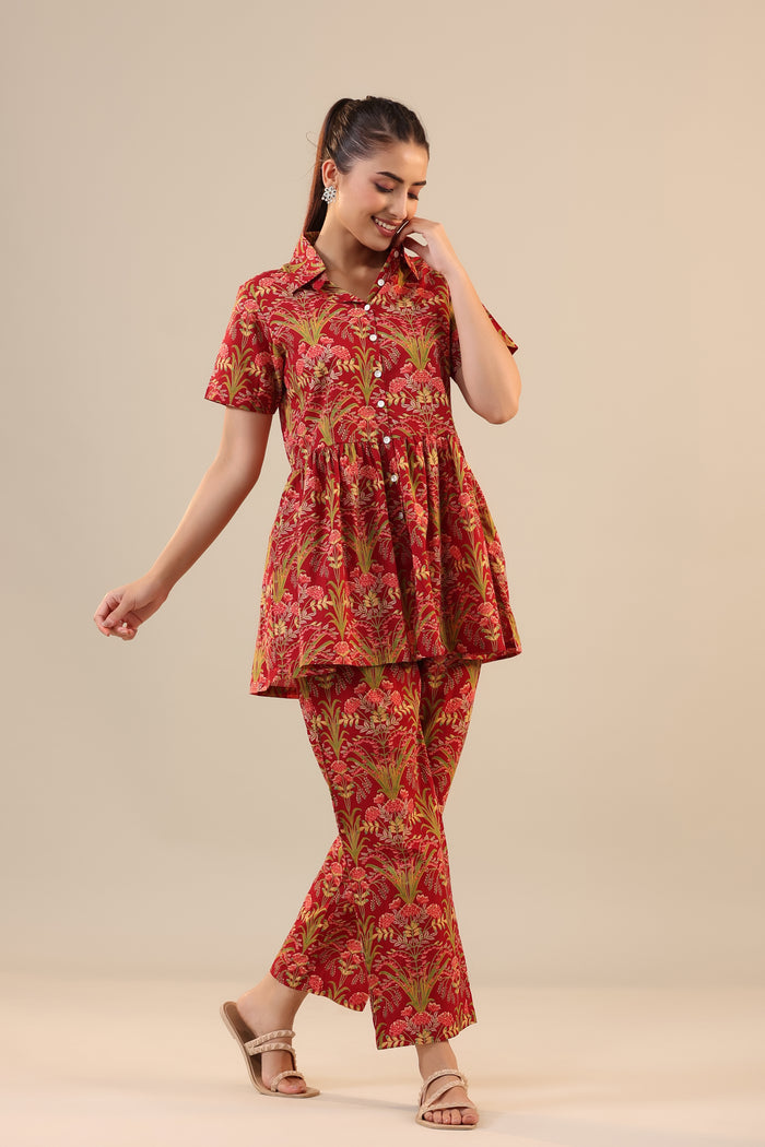 Wildflower on Maroon Peplum Loungewear Top Set