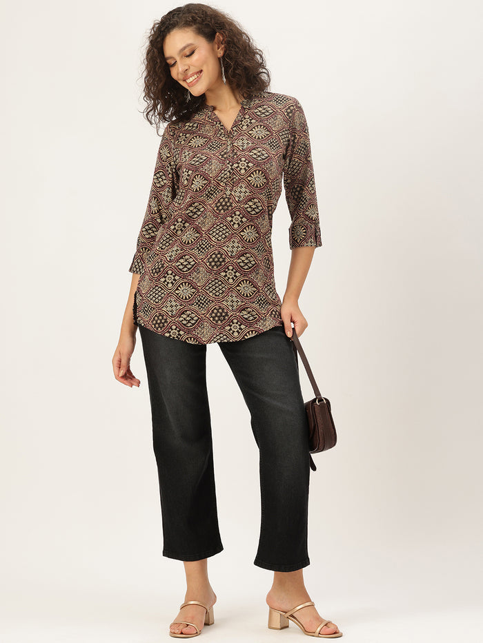 Wine Ethnic Motifs Printed, Band Collar Tunic, Printed Tunic, Short Kurti, Wine color Short Kurti.
