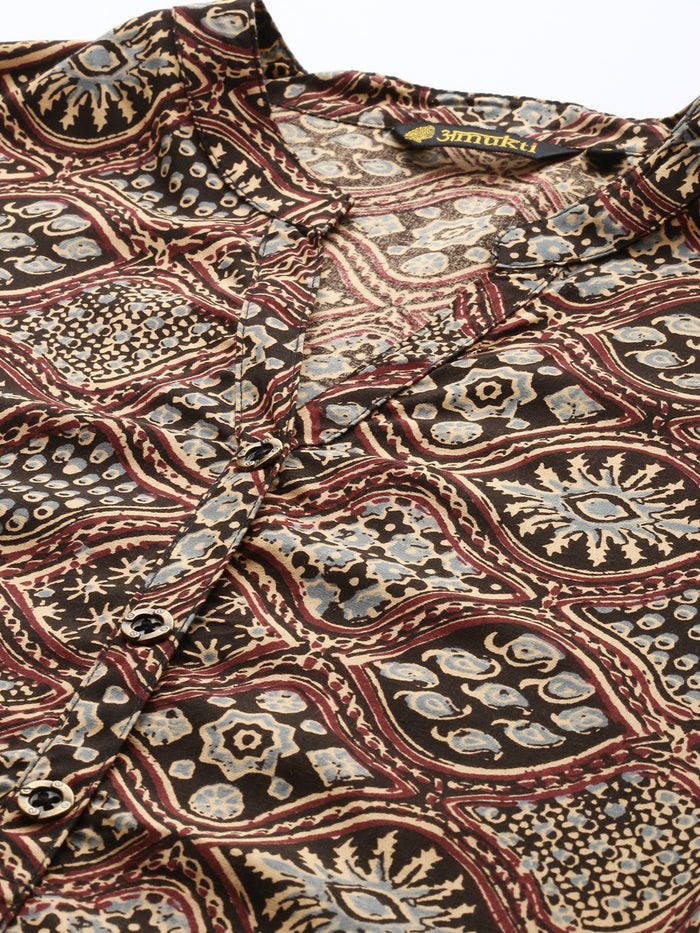 Wine Ethnic Motifs Printed, Band Collar Tunic, Printed Tunic, Short Kurti, Wine color Short Kurti.