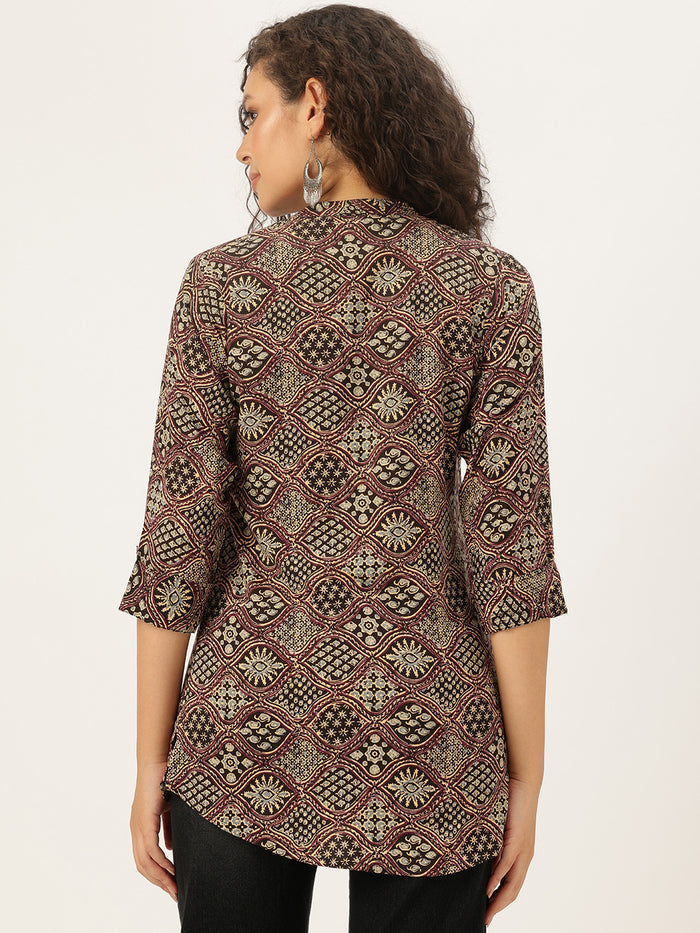 Wine Ethnic Motifs Printed, Band Collar Tunic, Printed Tunic, Short Kurti, Wine color Short Kurti.