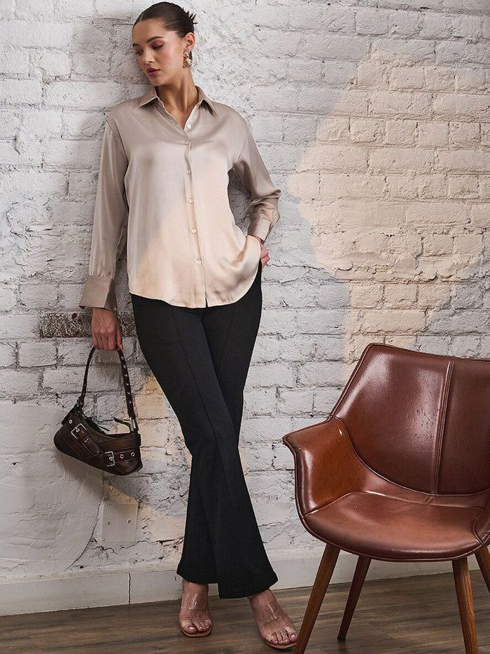 Women Black Woven Straight Fit High-Rise Trousers