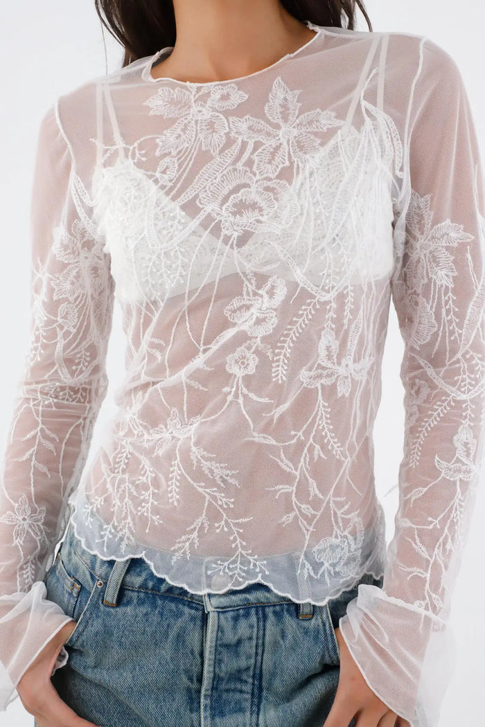 Women’s Fitted White Polyamide T-Shirt with Floral Embroidery