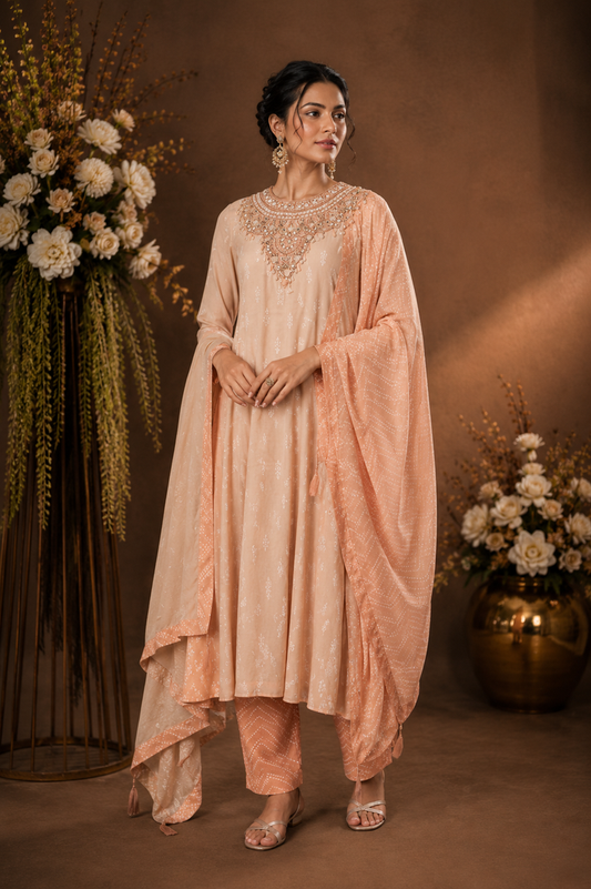 Women's Peach Embroidered Kurta Pant Set with Dupatta