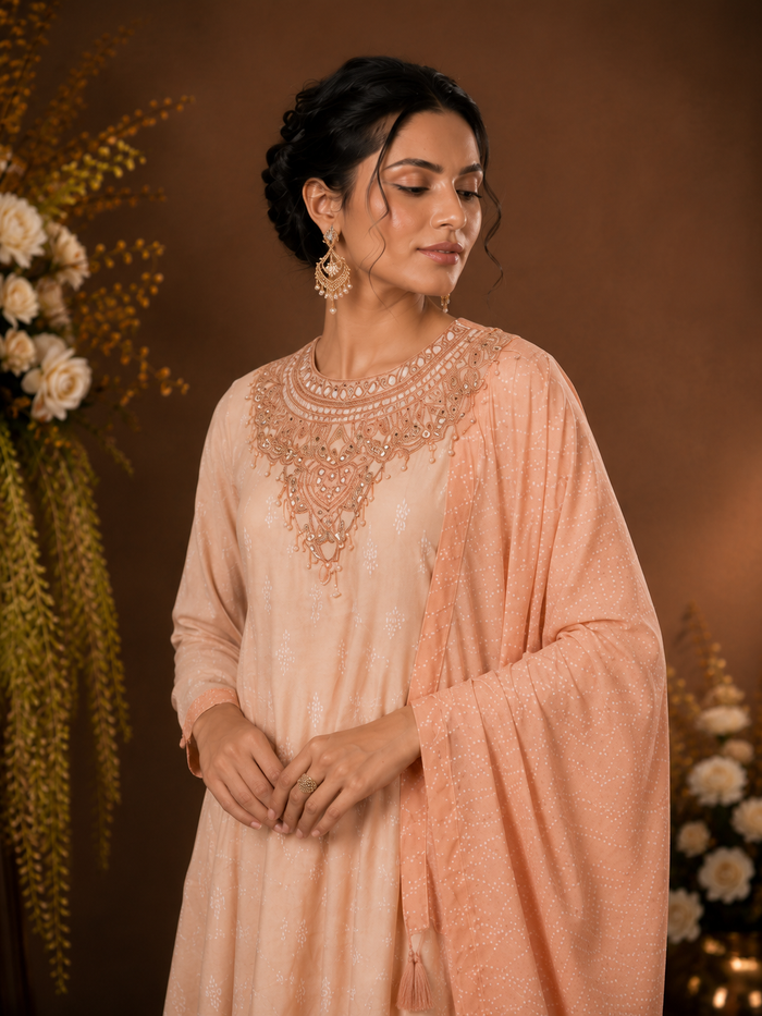 Women's Peach Embroidered Kurta Pant Set with Dupatta
