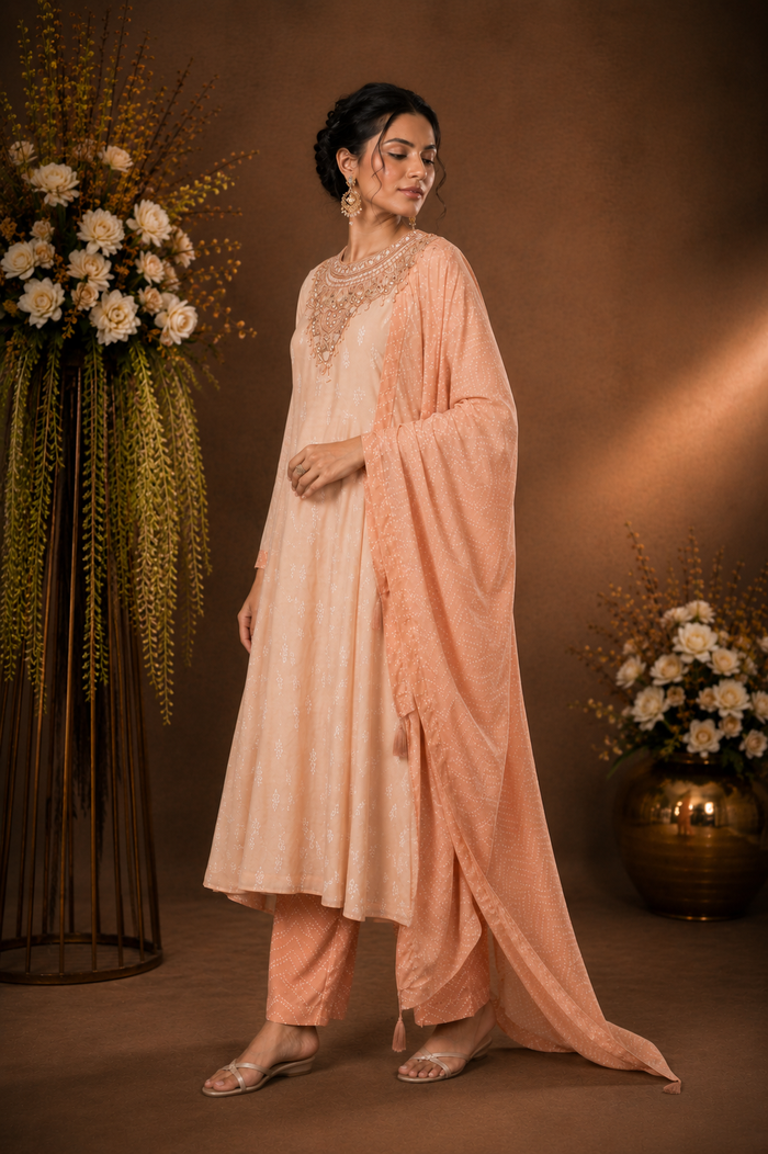 Women's Peach Embroidered Kurta Pant Set with Dupatta