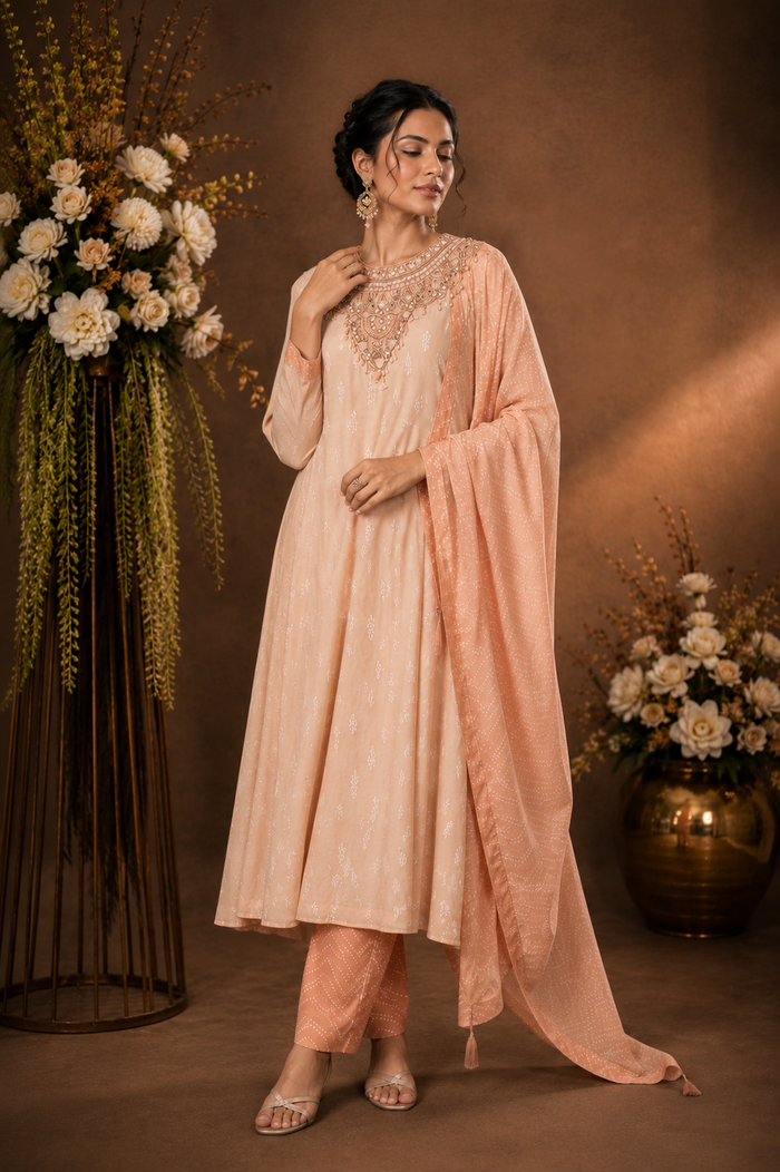 Women's Peach Embroidered Kurta Pant Set with Dupatta