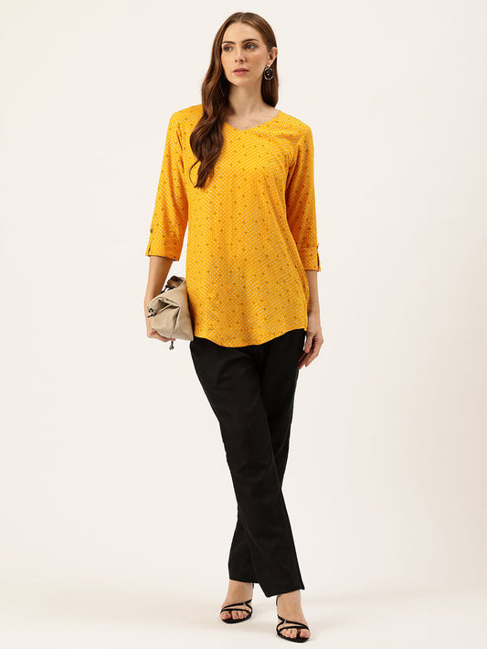 Yellow Geometric Printed Roll-Up Sleeves V-Neck Tunic
