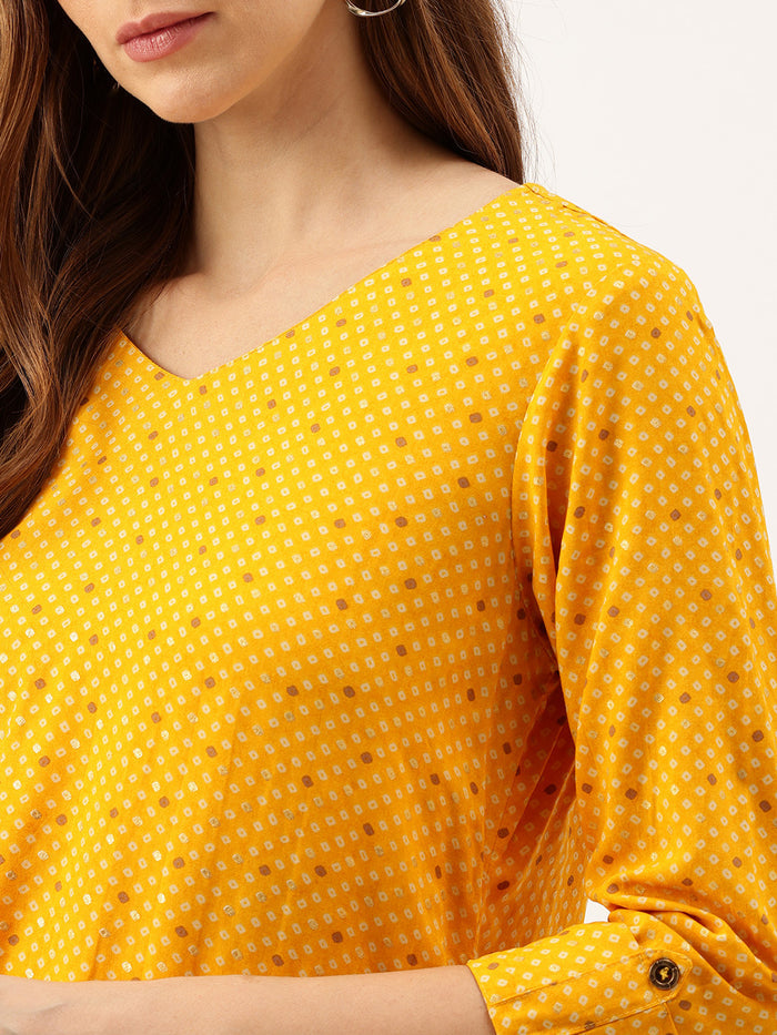 Yellow Geometric Printed Roll-Up Sleeves V-Neck Tunic