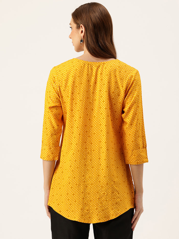 Yellow Geometric Printed Roll-Up Sleeves V-Neck Tunic