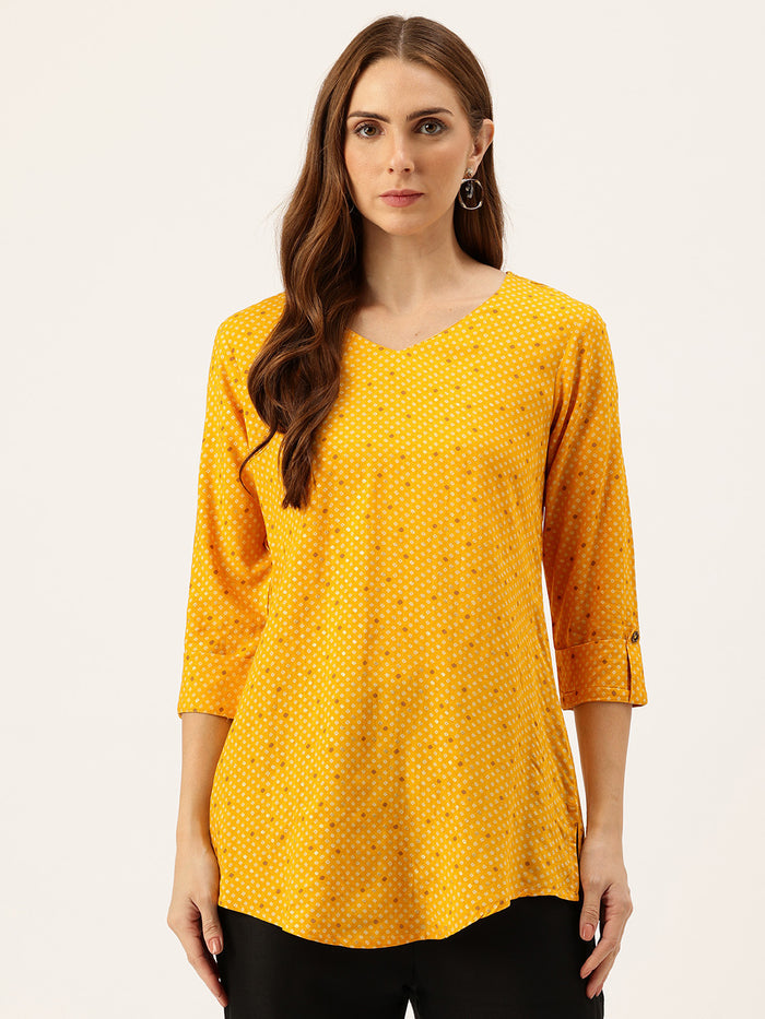 Yellow Geometric Printed Roll-Up Sleeves V-Neck Tunic