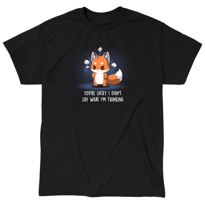 Classic Cotton T-shirt_TeeTurtle You're Lucky I Don’t Say What I’m Thinking black t-shirt featuring a fox with an angry expression standing surrounded by steam, with text "You're lucky I don't say what I'm thinking."