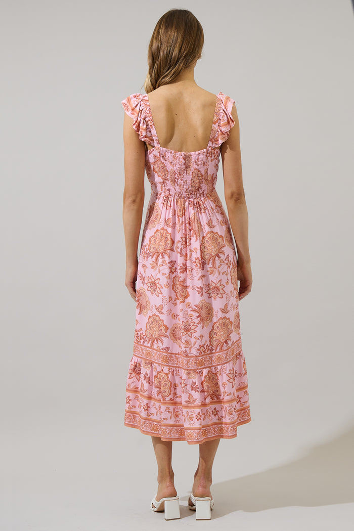 Zavey Floral Chantal Ruffle Smocked Midi Dress