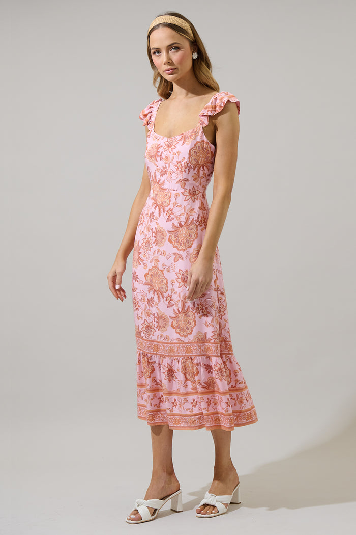 Zavey Floral Chantal Ruffle Smocked Midi Dress
